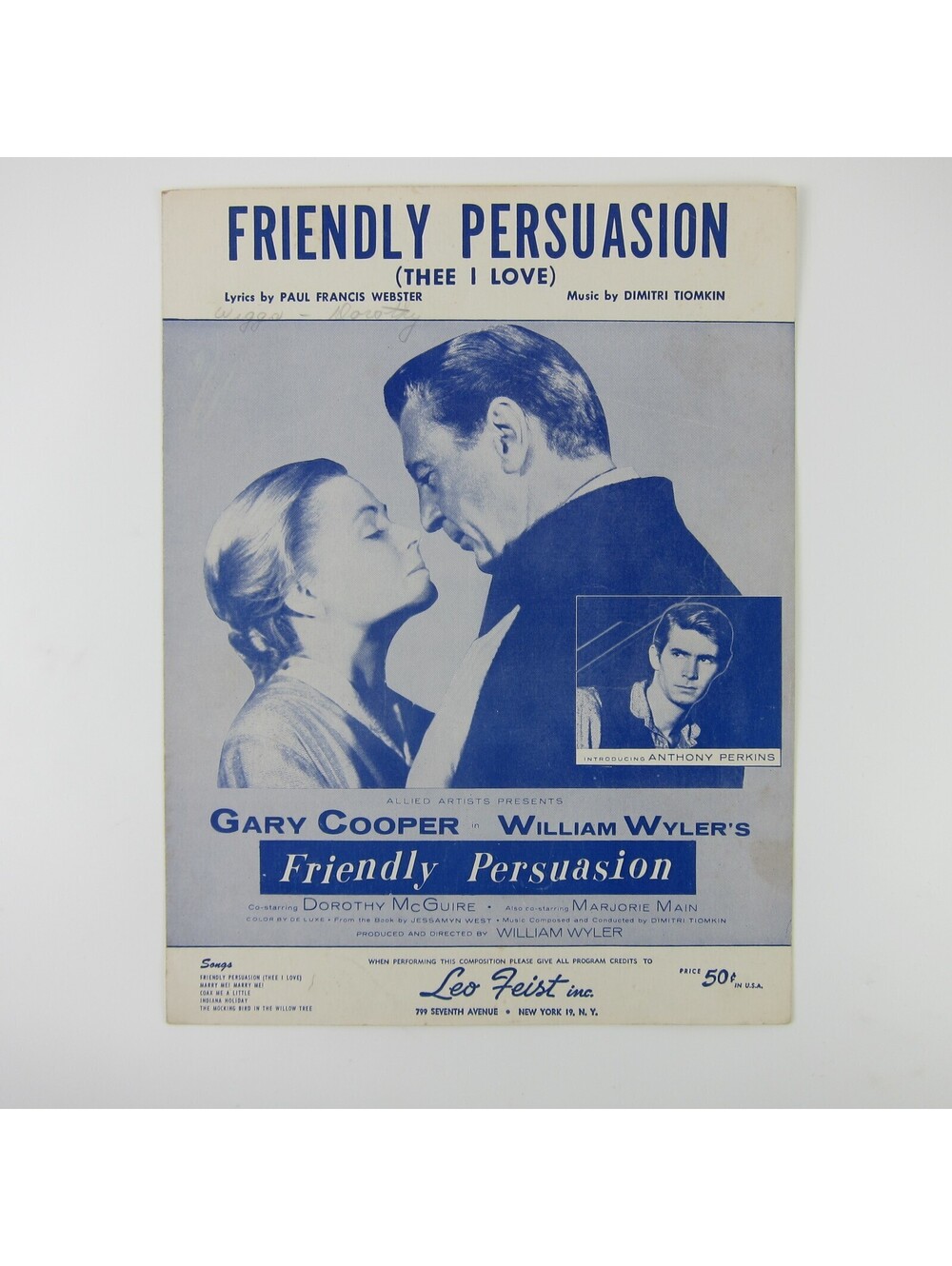 Sheet Music Friendly Persuasion Thee I Love Gary Cooper Dorothy McGuire 1956